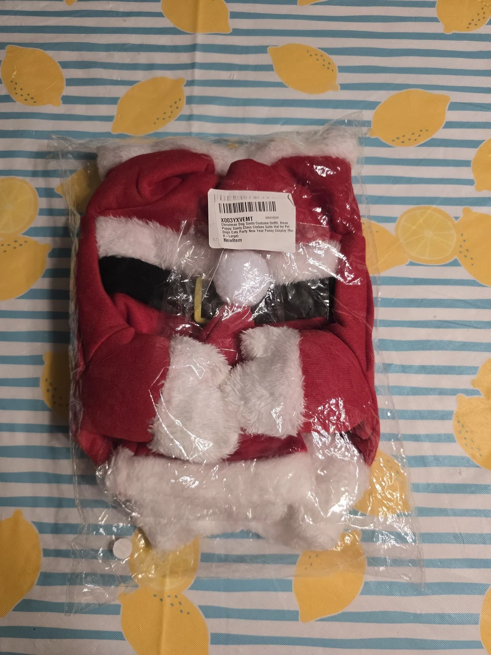 Amazon Red and White Santa Dog Costume with Black Belt